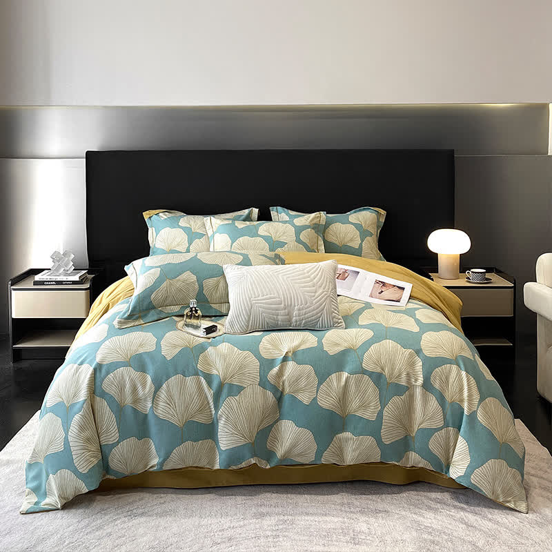 Brushed Cotton Ginkgo Leaf Flat Sheet Bedding Set(4PCS) - Blue Green - King - image 0