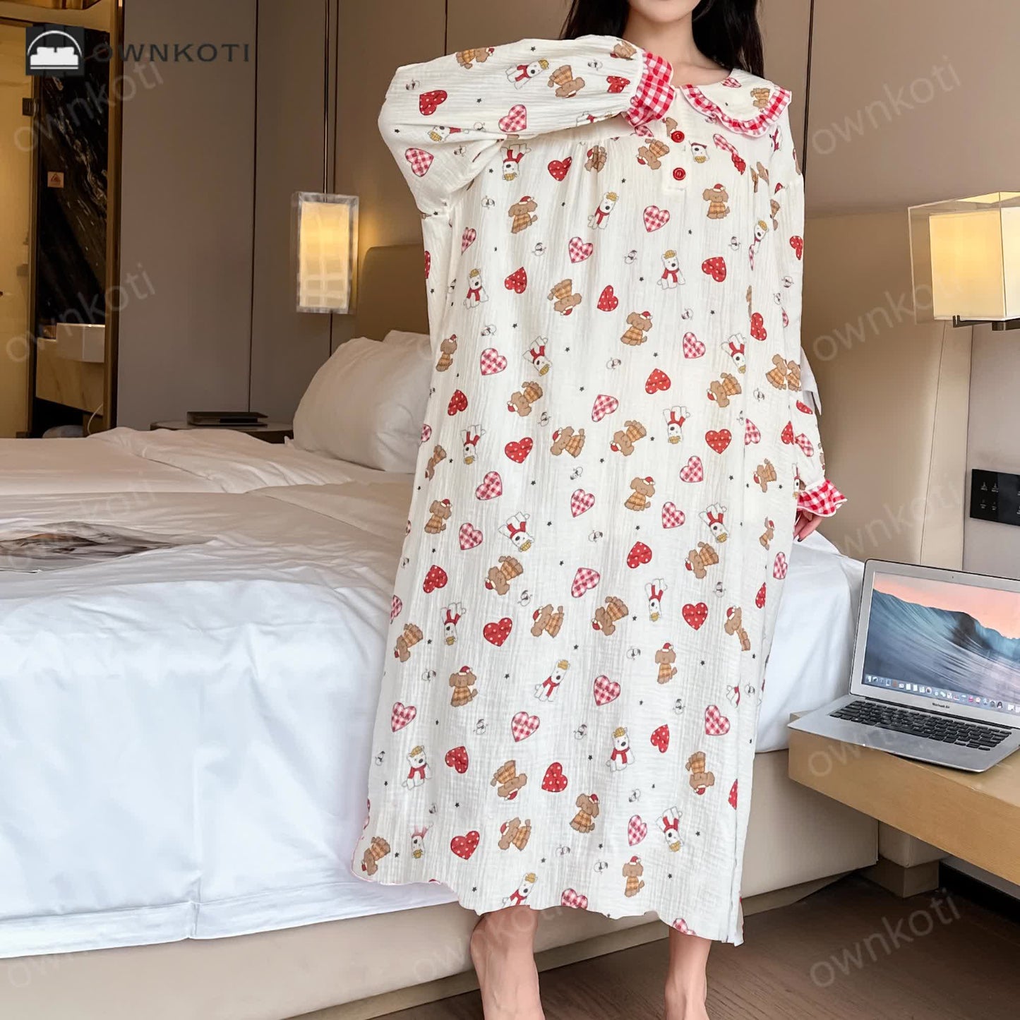 Ownkoti Plus Size Cotton Doll Collar Long Nightgown