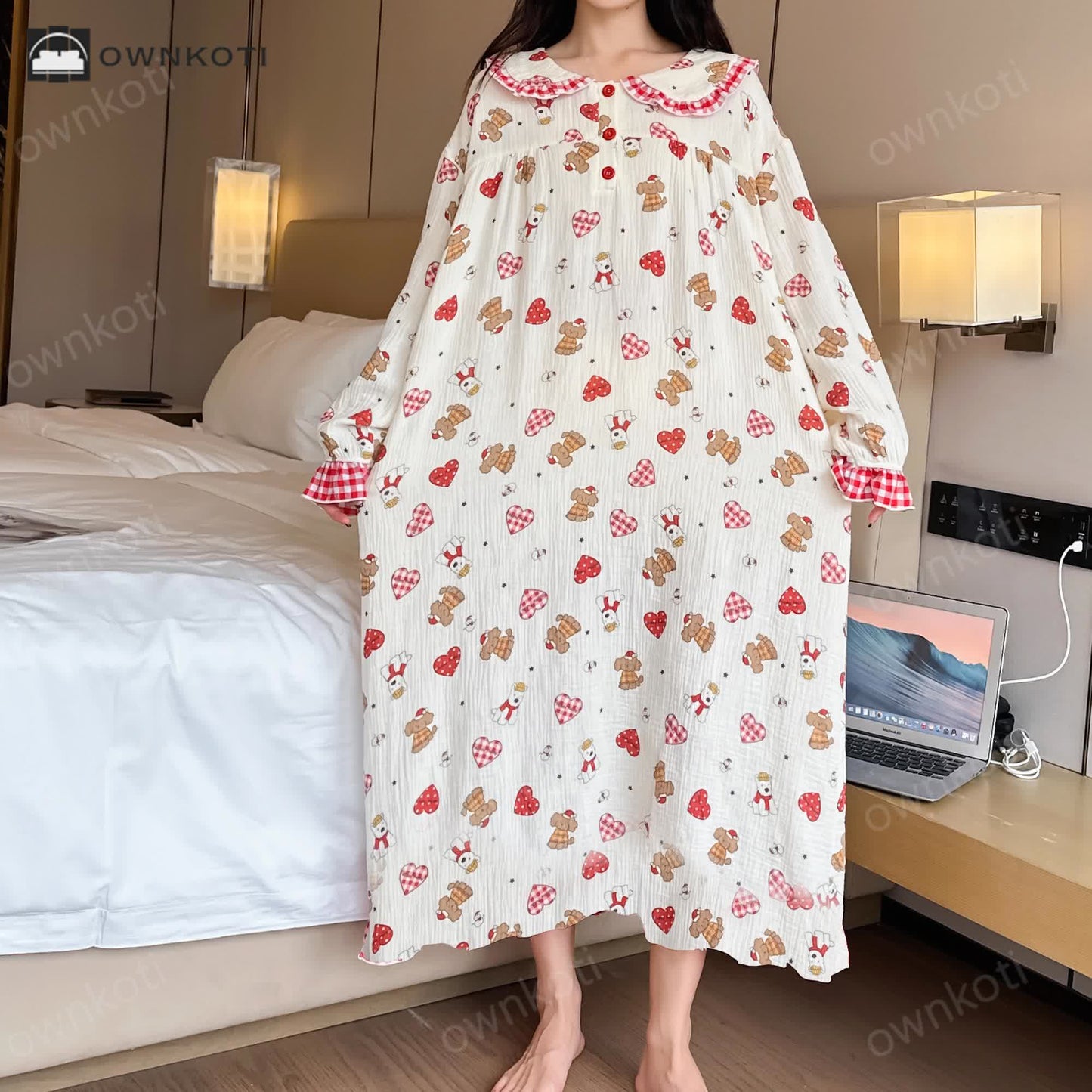 Ownkoti Plus Size Cotton Doll Collar Long Nightgown
