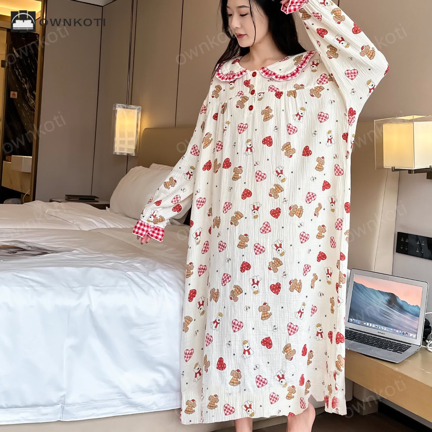 Ownkoti Plus Size Cotton Doll Collar Long Nightgown