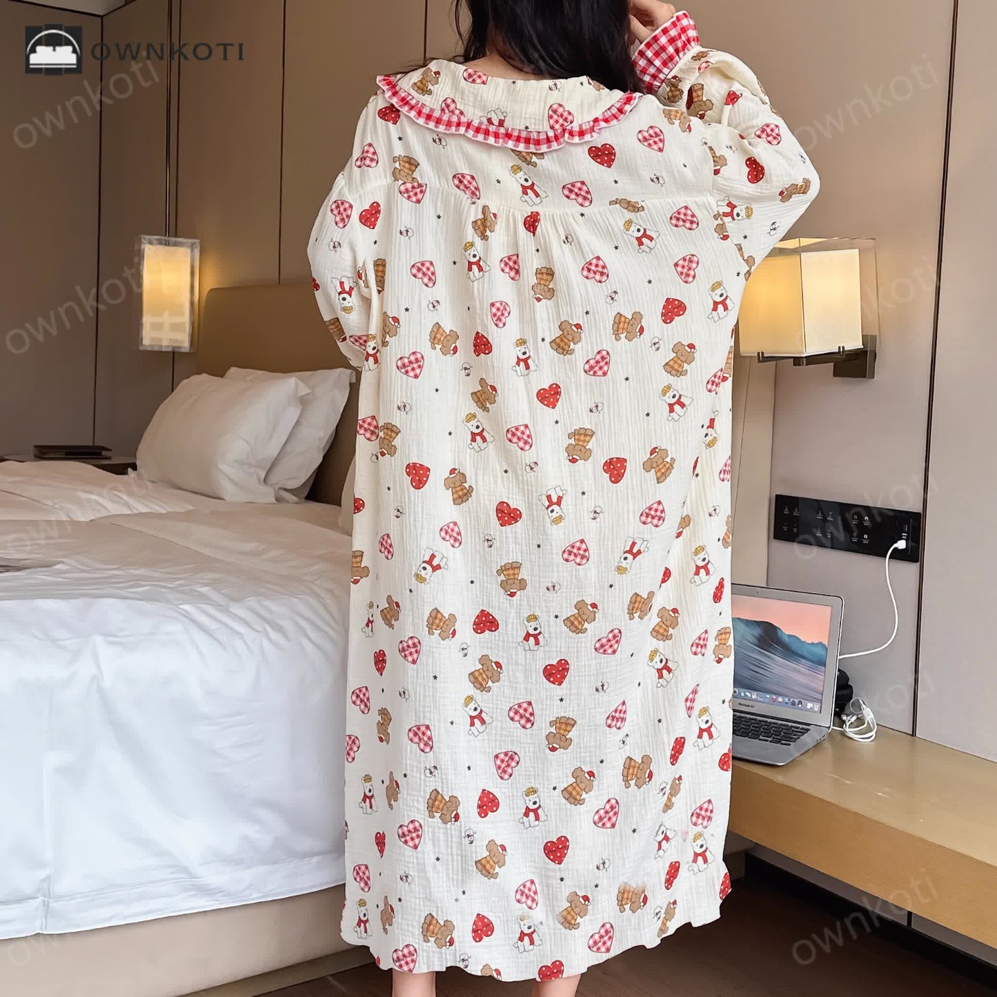 Ownkoti Plus Size Cotton Doll Collar Long Nightgown