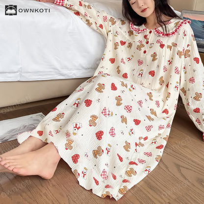 Ownkoti Plus Size Cotton Doll Collar Long Nightgown