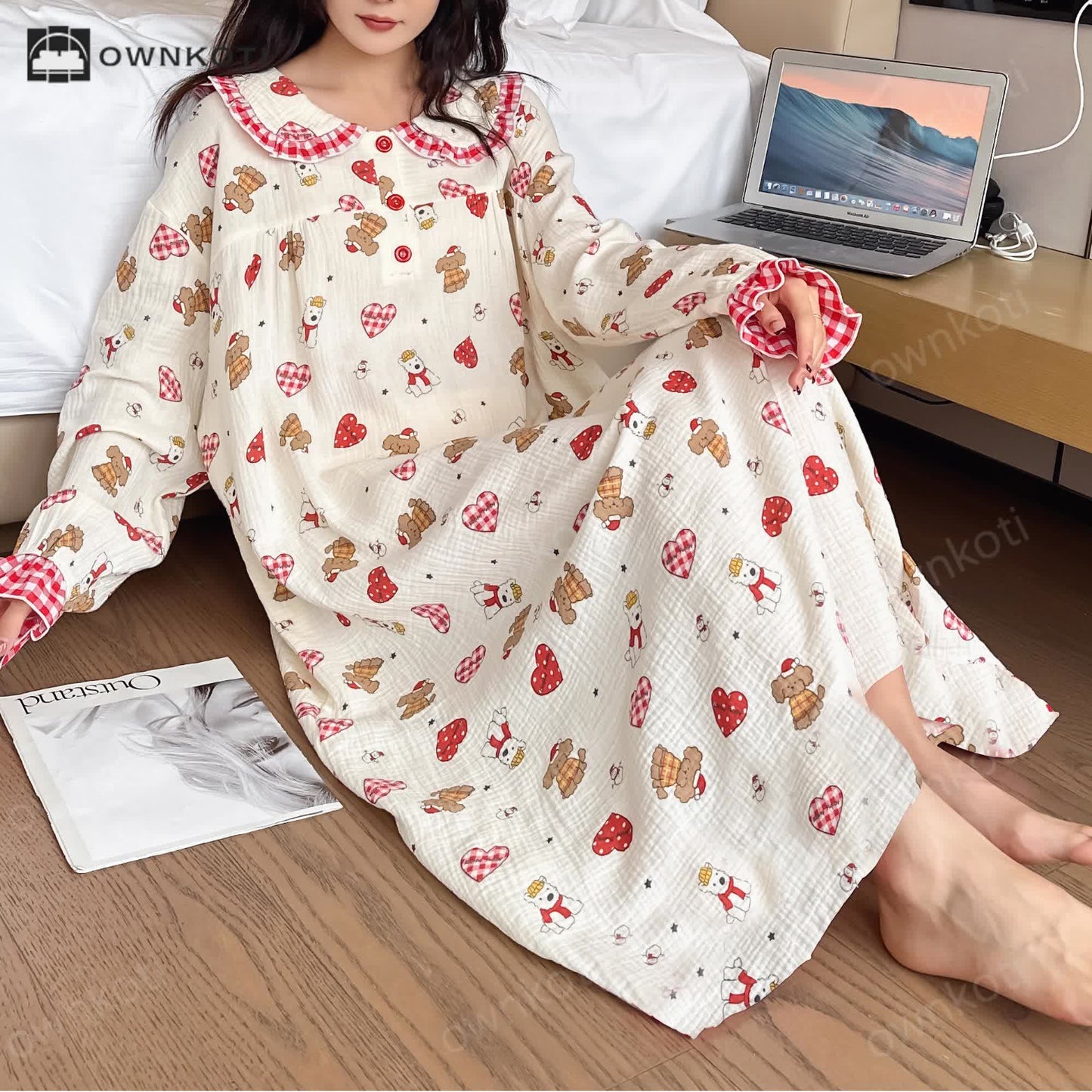 Ownkoti Plus Size Cotton Doll Collar Long Nightgown