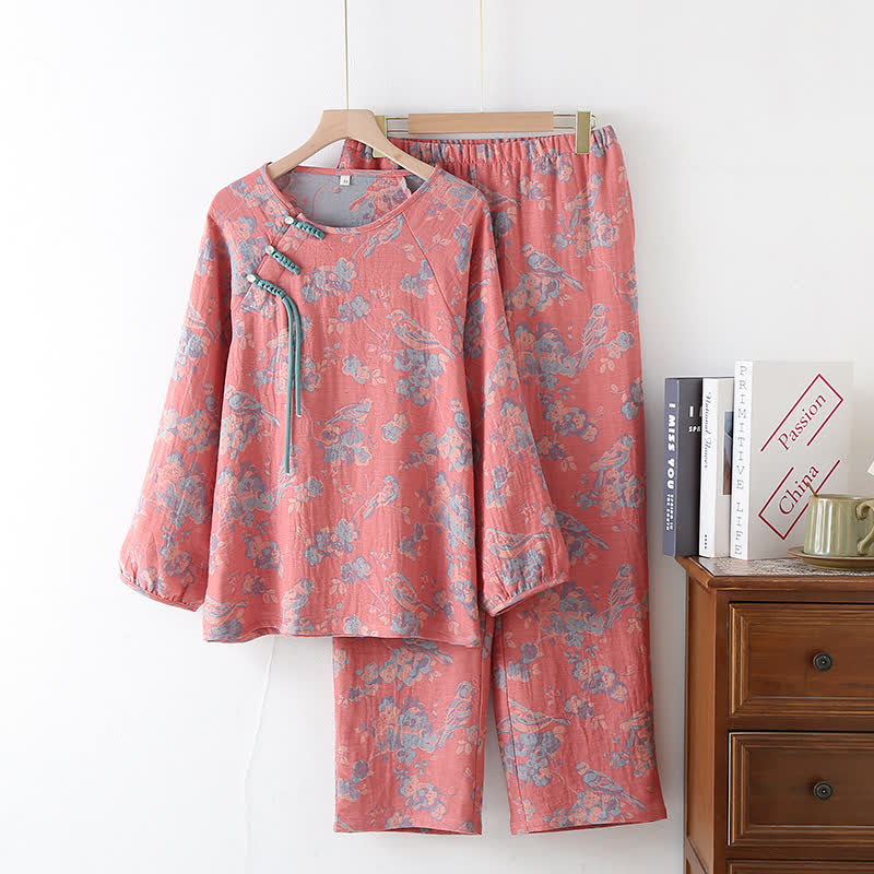 Ownkoti Floral Bird Frog Button Cotton Pajama Set