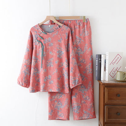 Ownkoti Floral Bird Frog Button Cotton Pajama Set