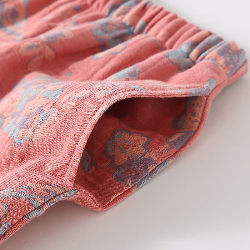 Ownkoti Floral Bird Frog Button Cotton Pajama Set