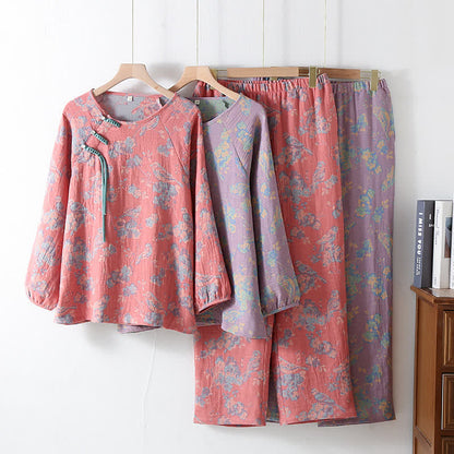 Ownkoti Floral Bird Frog Button Cotton Pajama Set