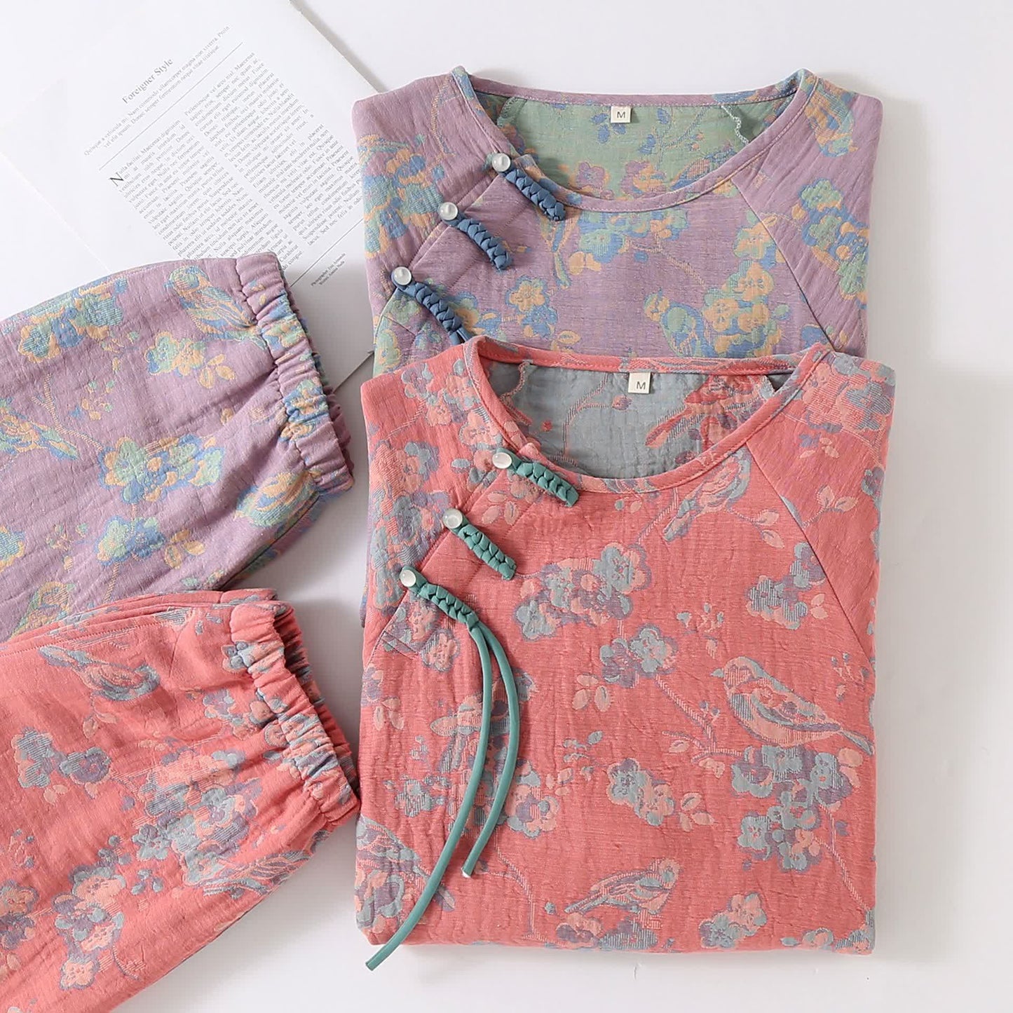 Ownkoti Floral Bird Frog Button Cotton Pajama Set