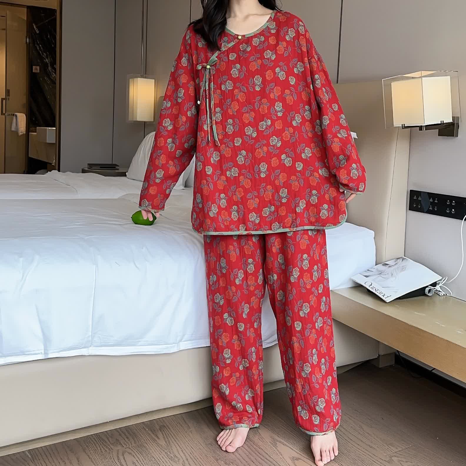 Ownkoti Plus Size  Rose Cotton Soft Pajama Set - Red - 3XL - image 0
