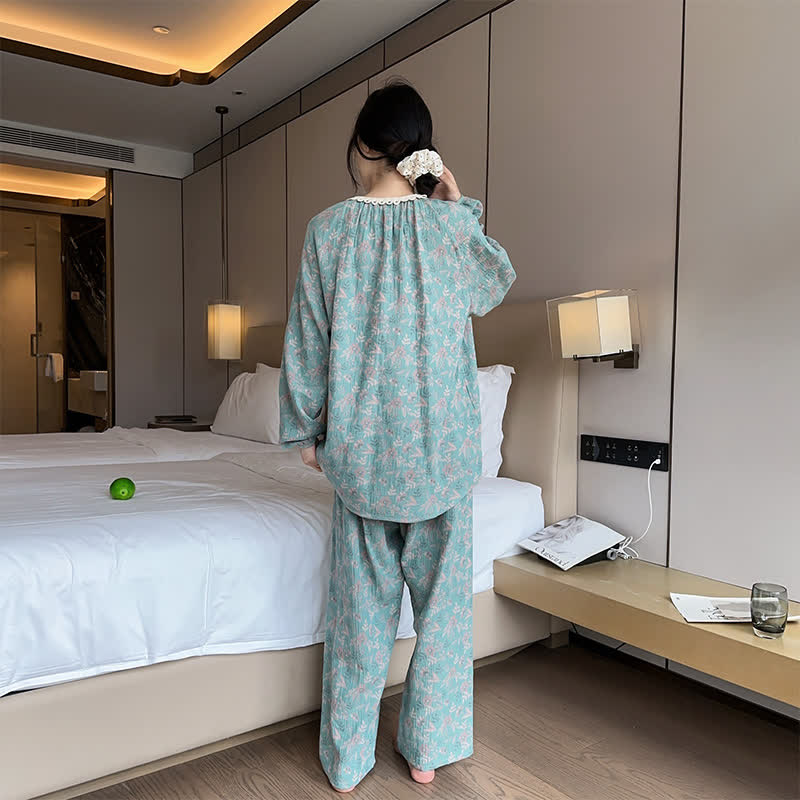 Ownkoti Plus Size Lace Neckline Cotton Pajama Set