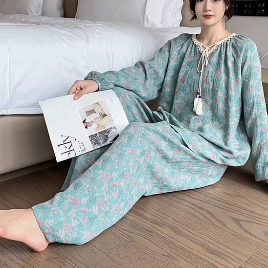 Ownkoti Plus Size Lace Neckline Cotton Pajama Set