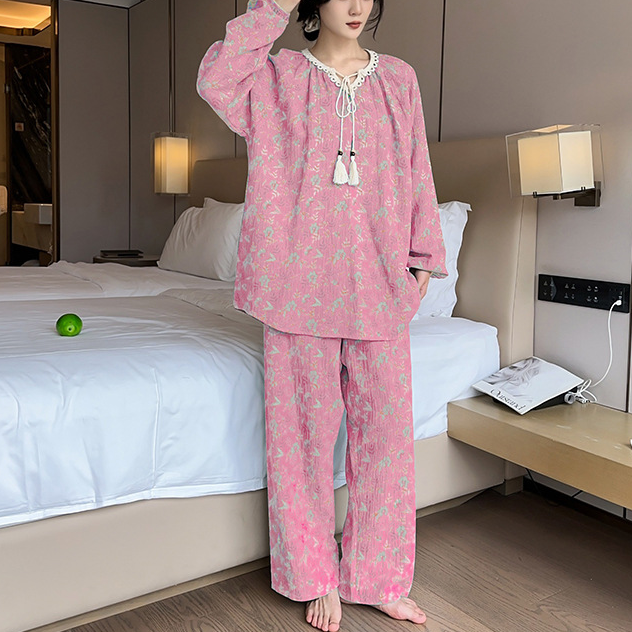 Ownkoti Plus Size Lace Neckline Cotton Pajama Set