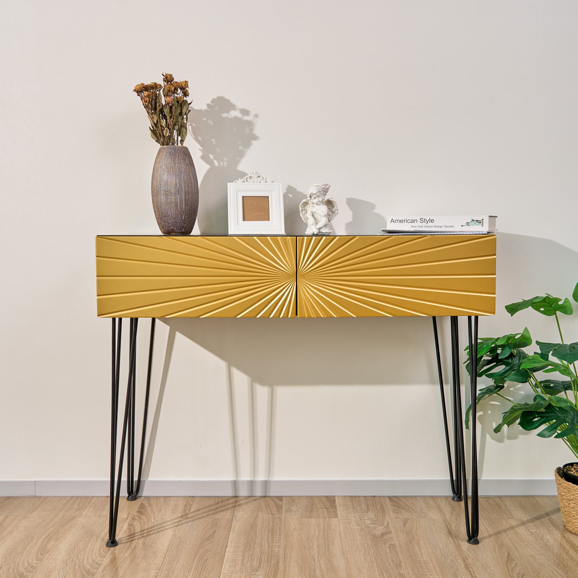 Mordern 39.4" Black & Gold Console Table With Storage Wood Entryway Table With 2 Drawers - Gold - image 0