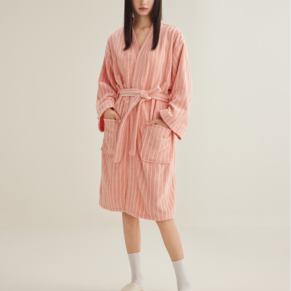 Ownkoti Cotton Simple Striped Soft Bathrobe - Peachy Pink - S - image 0