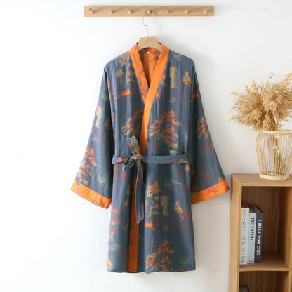Ownkoti Pure Cotton Breathable Retro Kimono Bathrobe - Gray Blue & Orange - XL - image 1