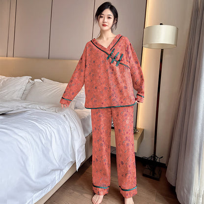 Ownkoti Plus Size Frog Button Rose Cotton Nightwear Set - Coral Orange - 3XL - image 0