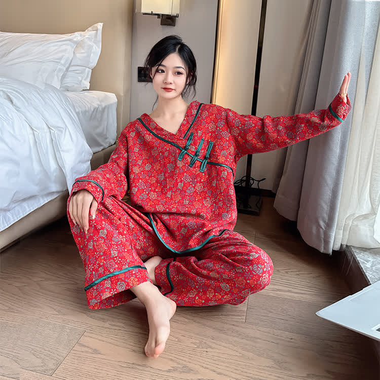 Ownkoti Plus Size Frog Button Rose Cotton Nightwear Set - Red - 3XL - image 1