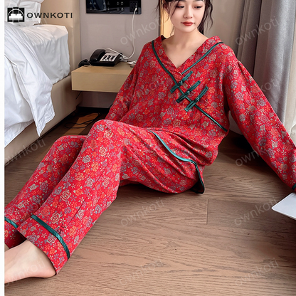 Ownkoti Plus Size Frog Button Rose Cotton Pajama Set - image 1