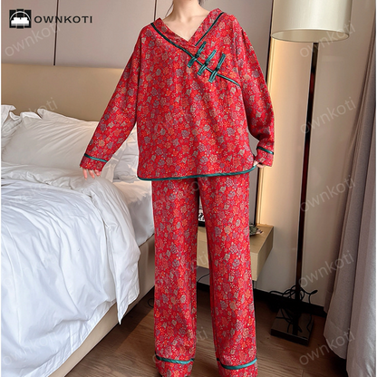 Ownkoti Plus Size Frog Button Rose Cotton Pajama Set - image 2