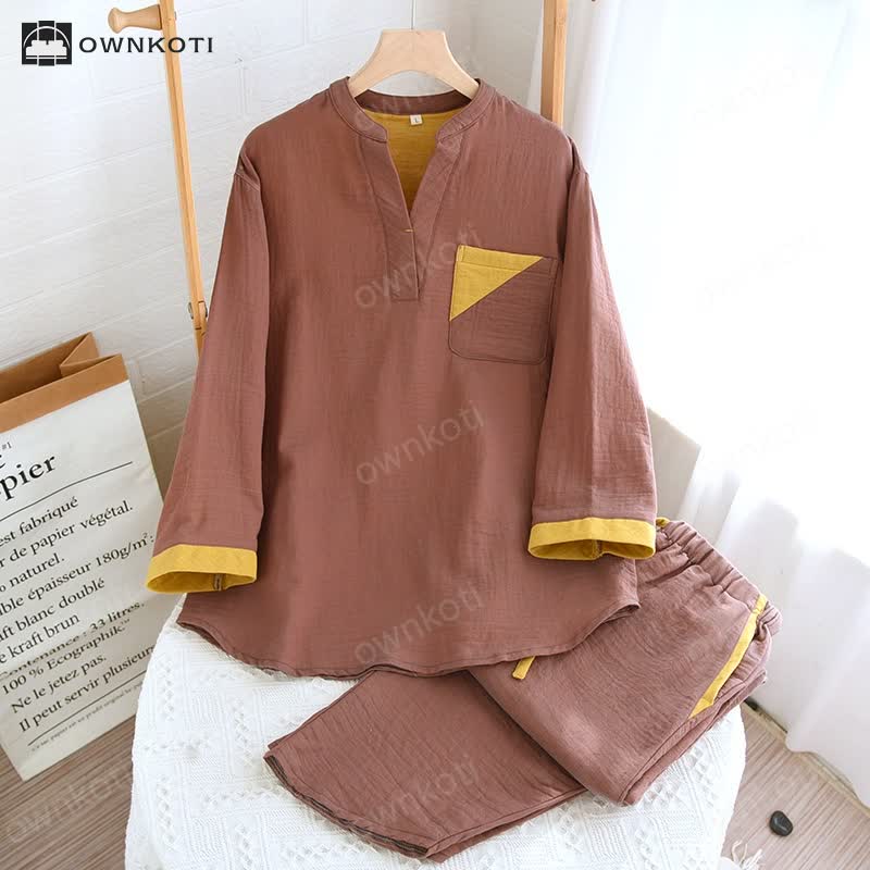 Ownkoti Colorblock Double Layer Cotton Gauze Pajama Set