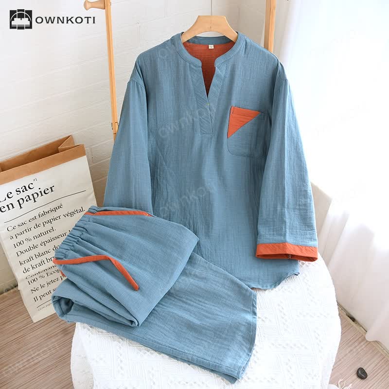 Ownkoti Colorblock Double Layer Cotton Gauze Pajama Set