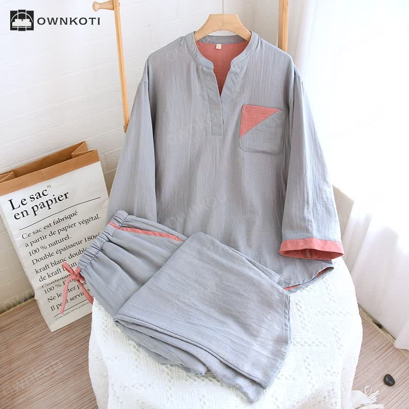 Ownkoti Colorblock Double Layer Cotton Gauze Pajama Set