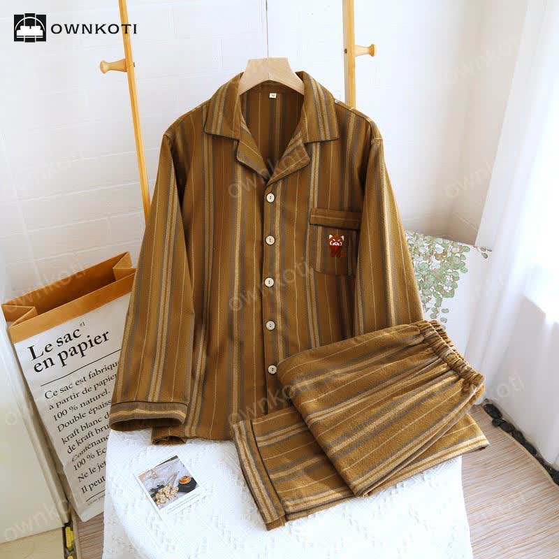 Ownkoti Brushed Cotton Striped Pajama Set - Coffee - Men L - image 0