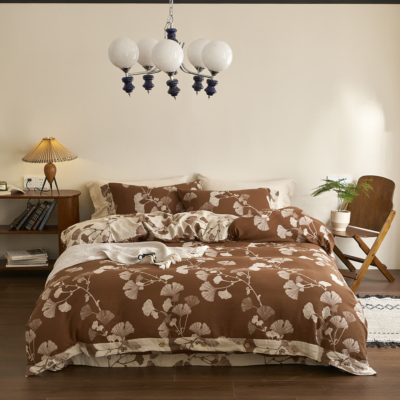 Ownkoti Button Ginkgo Leaf Cotton Gauze Bedding Set (4PCS) - Brown & Apricot - King - image 18