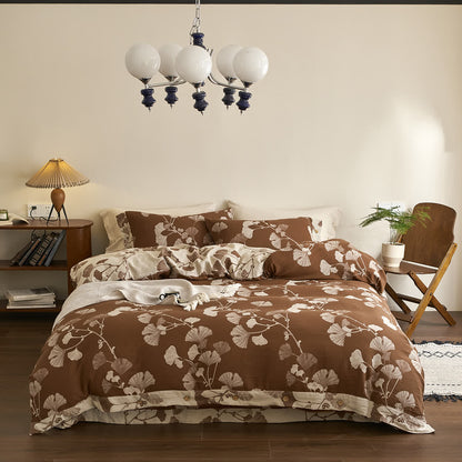 Ownkoti Button Ginkgo Leaf Cotton Gauze Bedding Set (4PCS) - Brown & Apricot - King - image 18