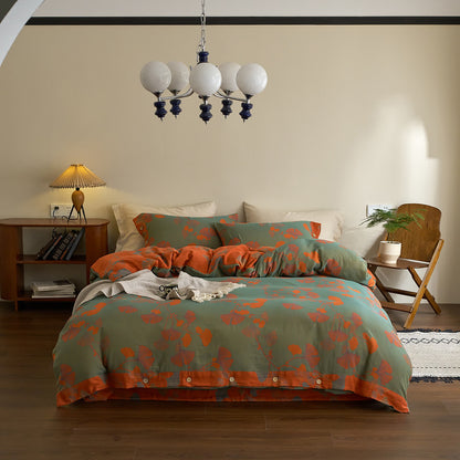 Ownkoti Button Ginkgo Leaf Cotton Gauze Bedding Set (4PCS) - Green & Orange - King - image 9