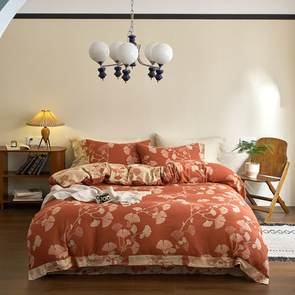Ownkoti Button Ginkgo Leaf Cotton Gauze Bedding Set (4PCS) - Brick Red & Beige - King - image 0