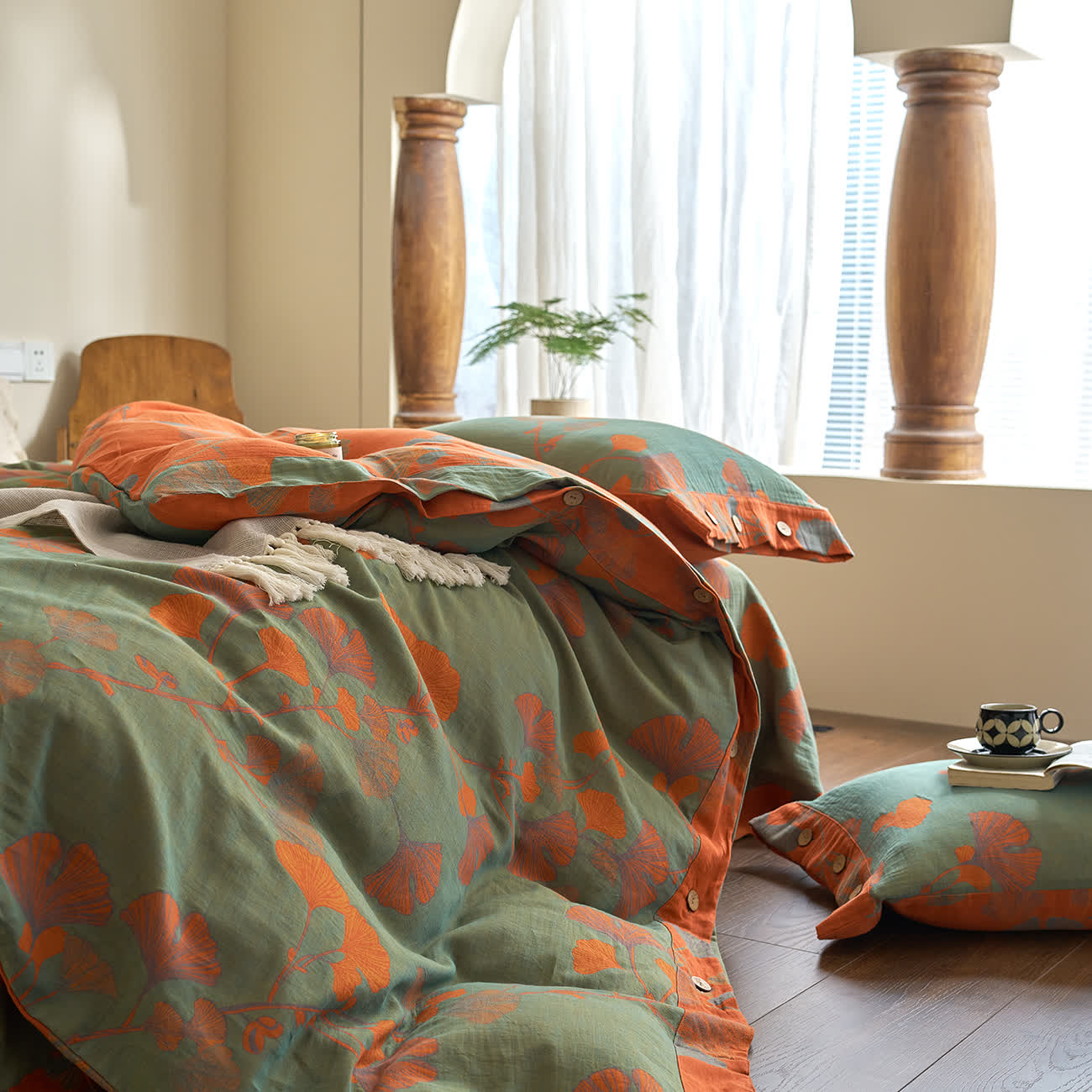 Ownkoti Button Ginkgo Leaf Cotton Gauze Bedding Set (4PCS) - image 14