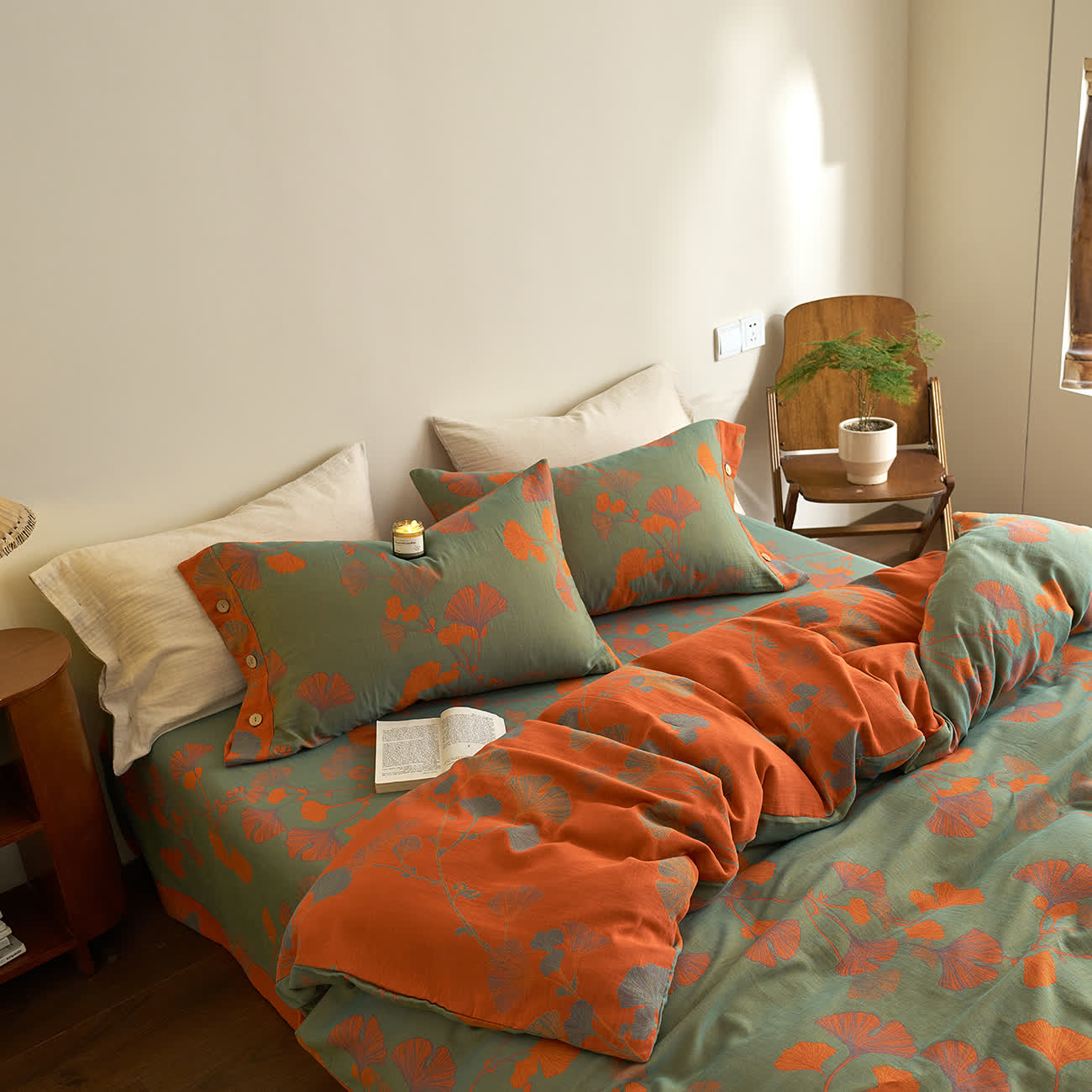 Ownkoti Button Ginkgo Leaf Cotton Gauze Bedding Set (4PCS) - image 12