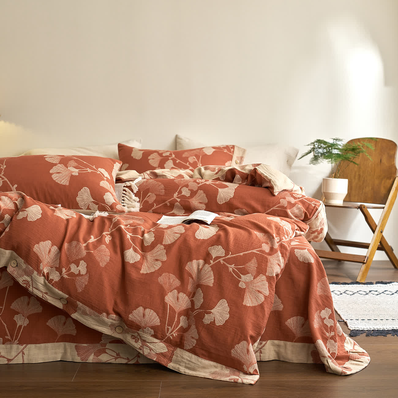 Ownkoti Button Ginkgo Leaf Cotton Gauze Bedding Set (4PCS) - image 1