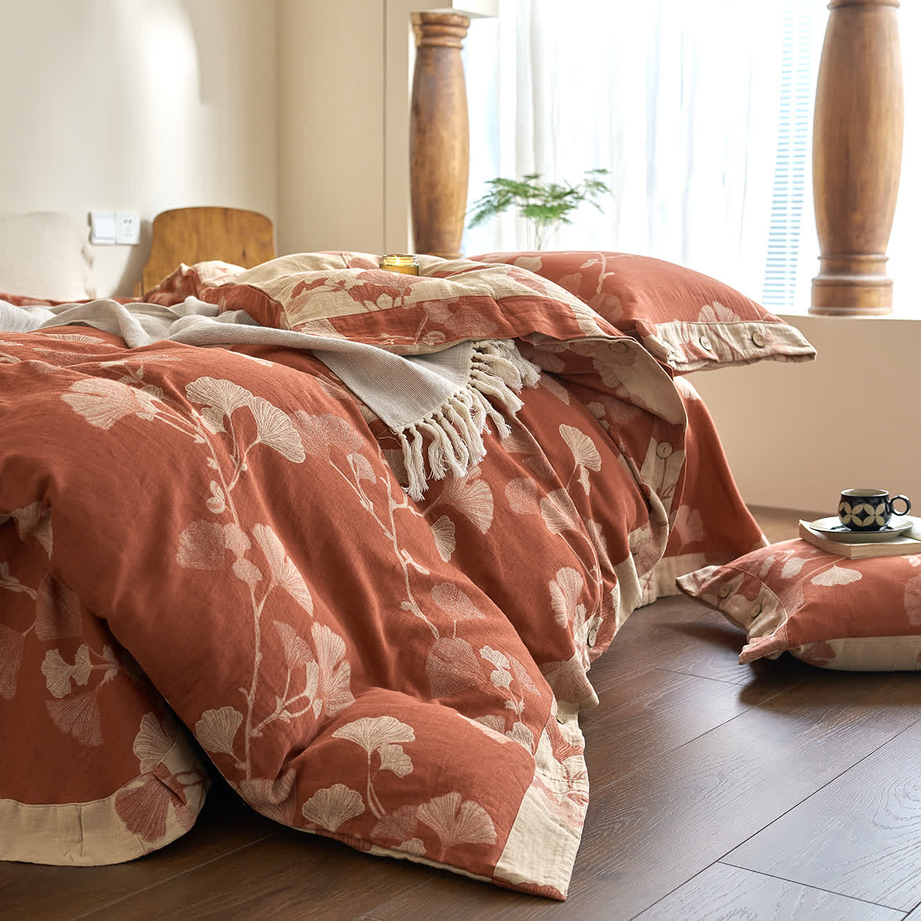 Ownkoti Button Ginkgo Leaf Cotton Gauze Bedding Set (4PCS) - image 6