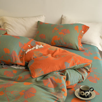 Ownkoti Button Ginkgo Leaf Cotton Gauze Bedding Set (4PCS) - image 17
