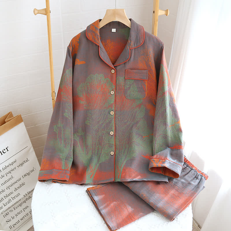 Jacquard Cotton Gauze Lapel Neckline Pajama Set - Gray Orange - 2XL - image 1