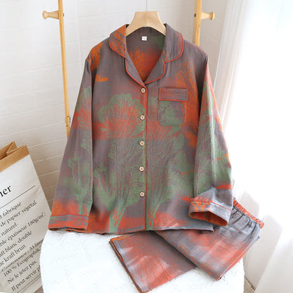 Jacquard Cotton Gauze Lapel Neckline Pajama Set - Gray Orange - 2XL - image 1