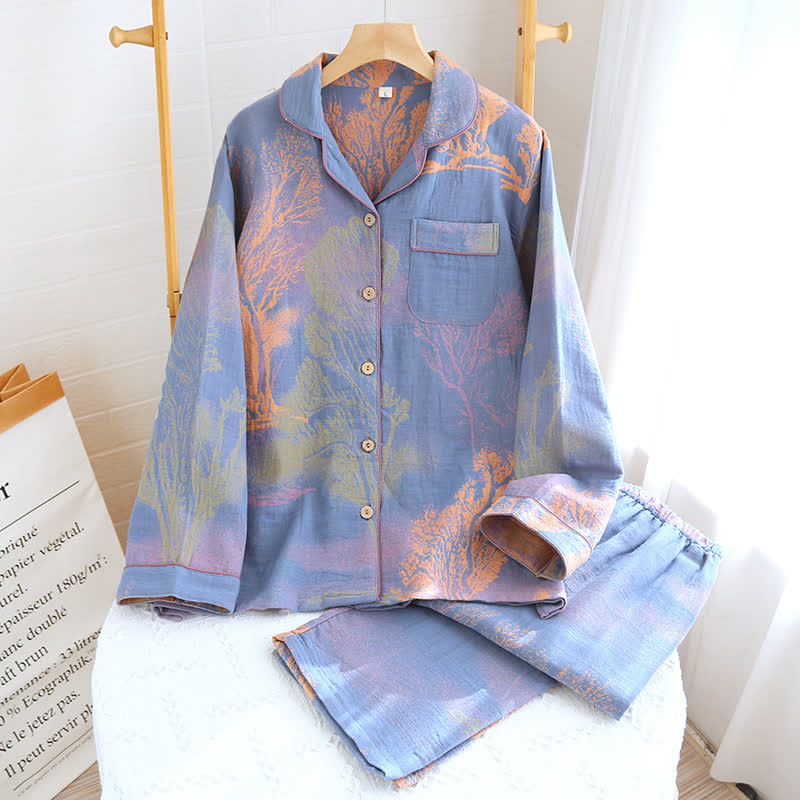 Jacquard Cotton Gauze Lapel Neckline Pajama Set - Blue - 2XL - image 10