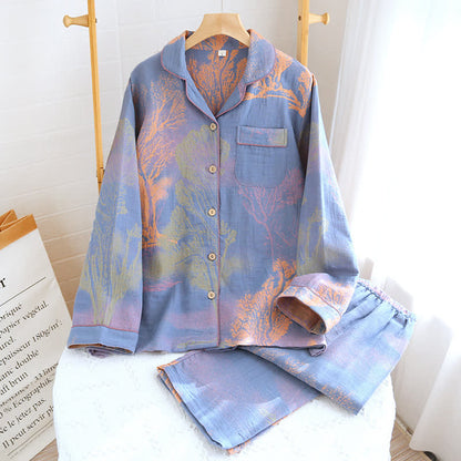 Jacquard Cotton Gauze Lapel Neckline Pajama Set - Blue - 2XL - image 10