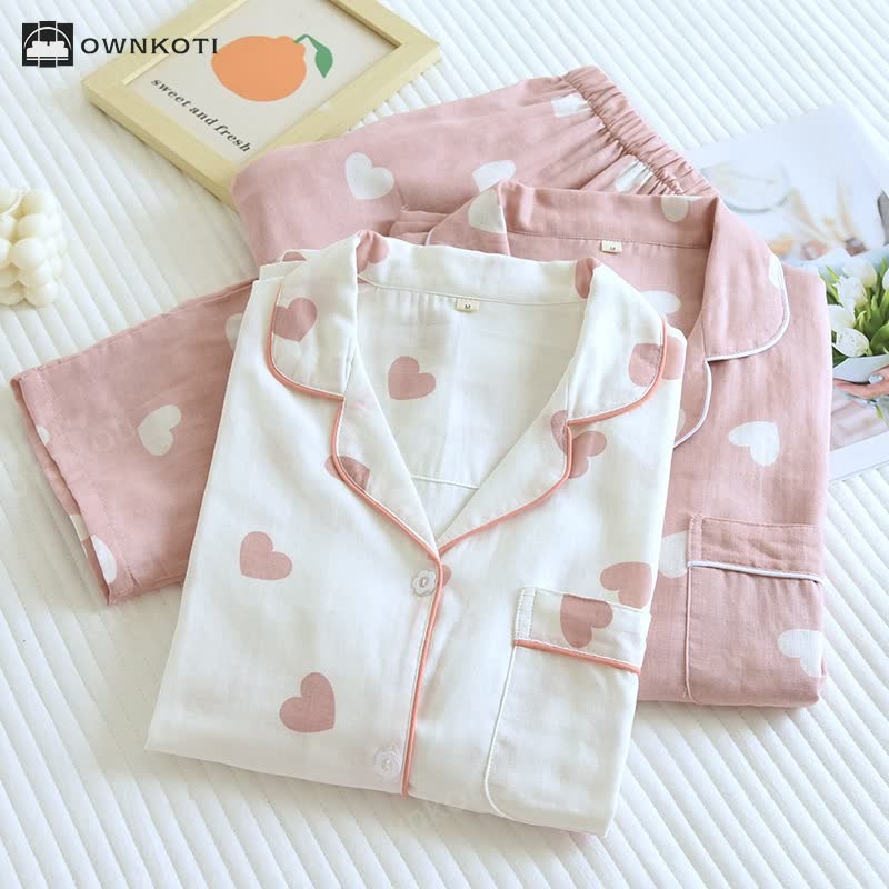 Ownkoti Cotton Gauze Heart Print Soft Pajama Set