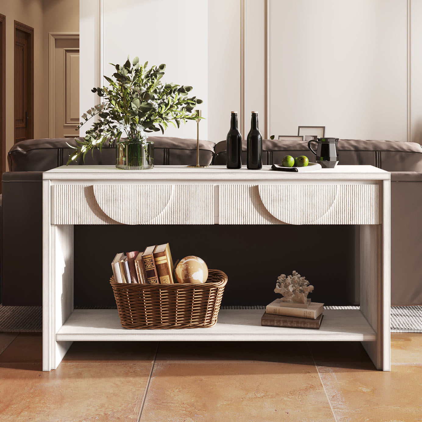 Ownkoti 55.12"  Wood Distressed Pattern Console Table Sofa Table With 2 Drawers