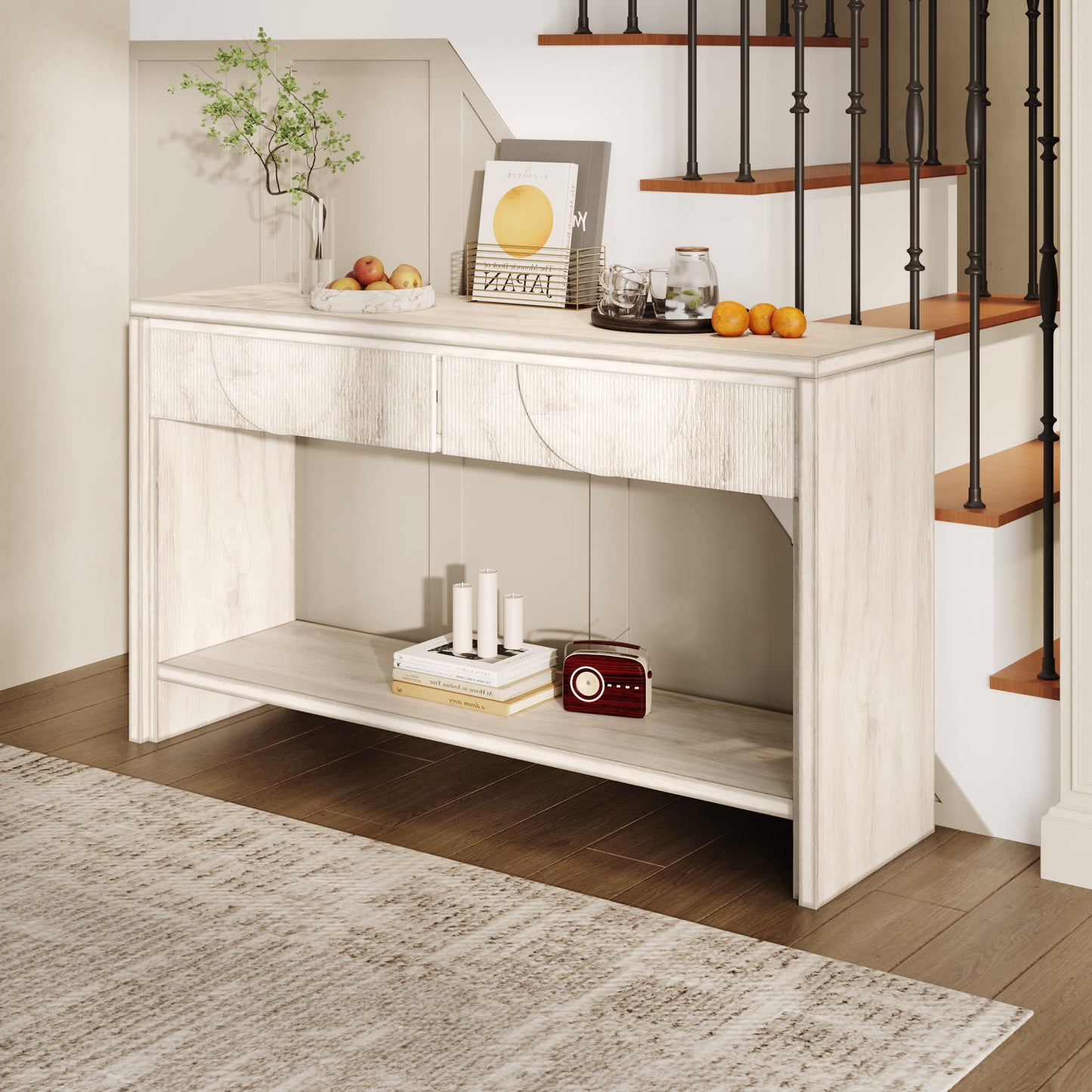 Ownkoti 55.12"  Wood Distressed Pattern Console Table Sofa Table With 2 Drawers