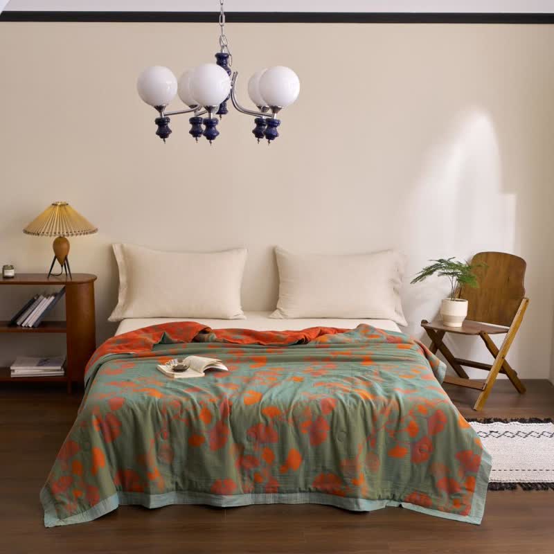 Ginkgo Leaf Double Layer Gauze Cotton Quilt - Green & Orange - King - image 21