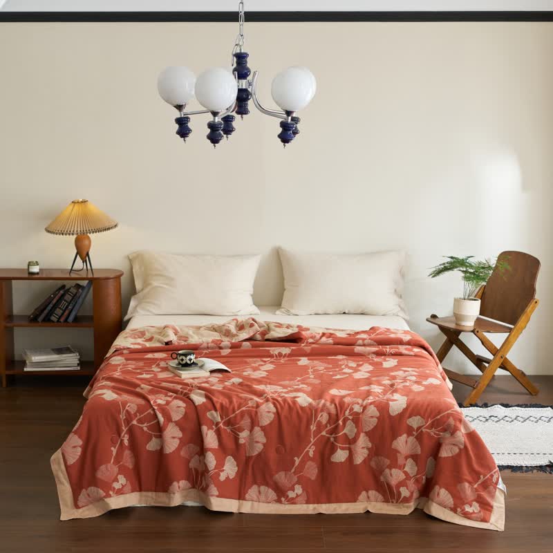 Ownkoti Ginkgo Leaf Double Layer Gauze Cotton Quilt - Caramel & Apricot - King - image 0