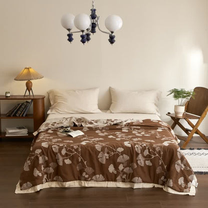 Ginkgo Leaf Double Layer Gauze Cotton Quilt - Coffee & Apricot - King - image 14