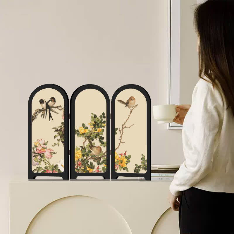 Ownkoti Floral Bird Folding Screen Desktop Painting - B - 2PCS - 12"W x 10"H - image 6