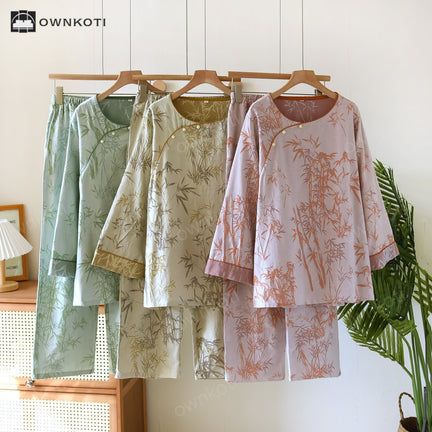 Ownkoti Jacquard Bamboo Double Layer Gauze Nightwear Set