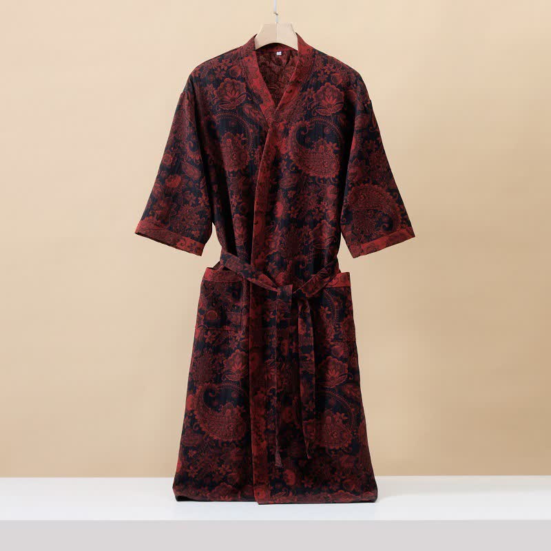 Jacquard Paisley Kimono Cotton Gauze Bathrobe - Reddish Brown - XL - image 1
