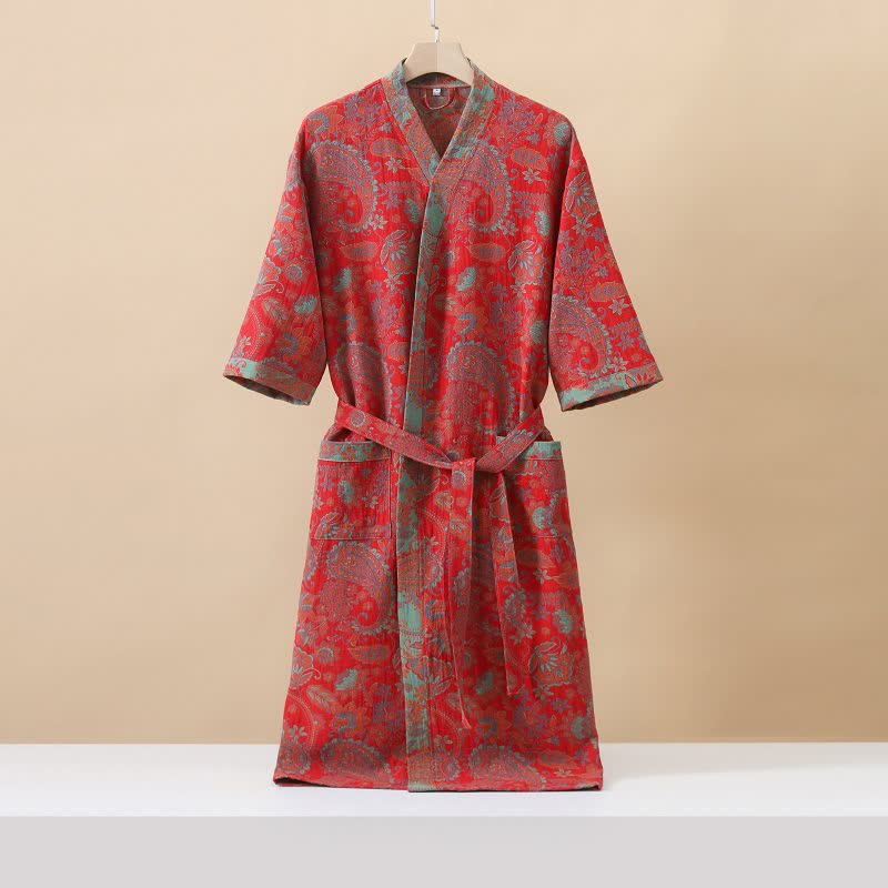 Jacquard Paisley Kimono Cotton Gauze Bathrobe - Red - XL - image 0